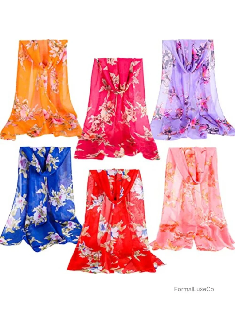 6 Pack Lightweight Floral Print Scarf Set Long Thin Silk Touch Shawl
